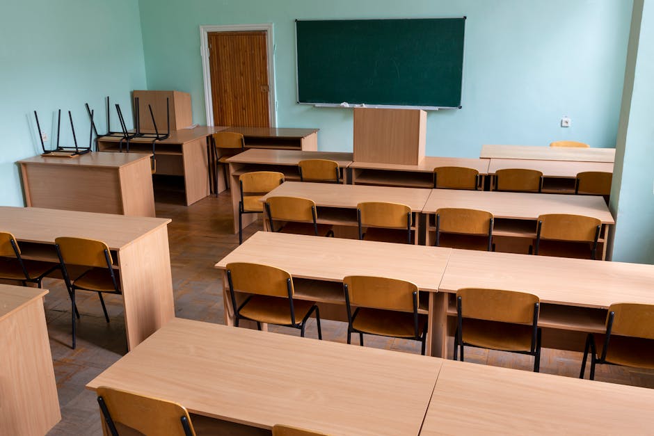 An empty classroom featuring rows of wooden desks and a green chalkboard, creating a quiet, educational atmosphere